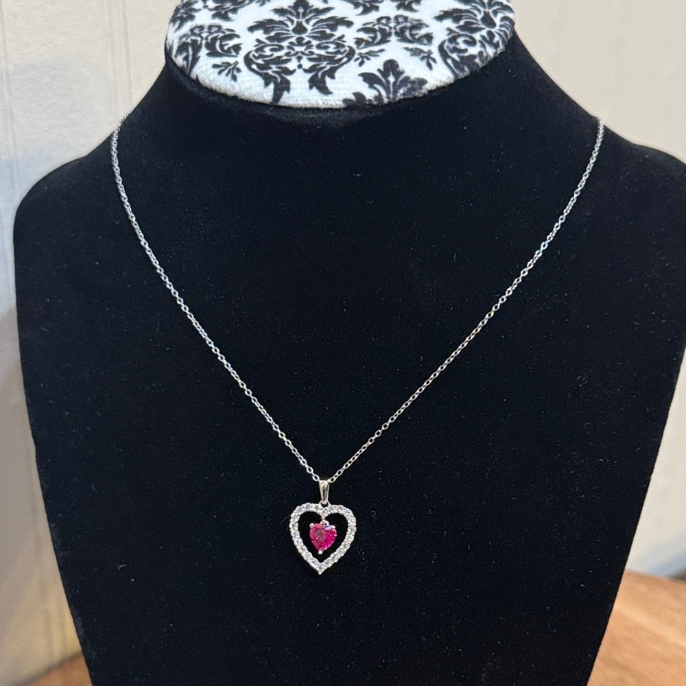Sterling Silver Red Ruby and White Sapphire Heart Pendant 18” Necklace New w/Box